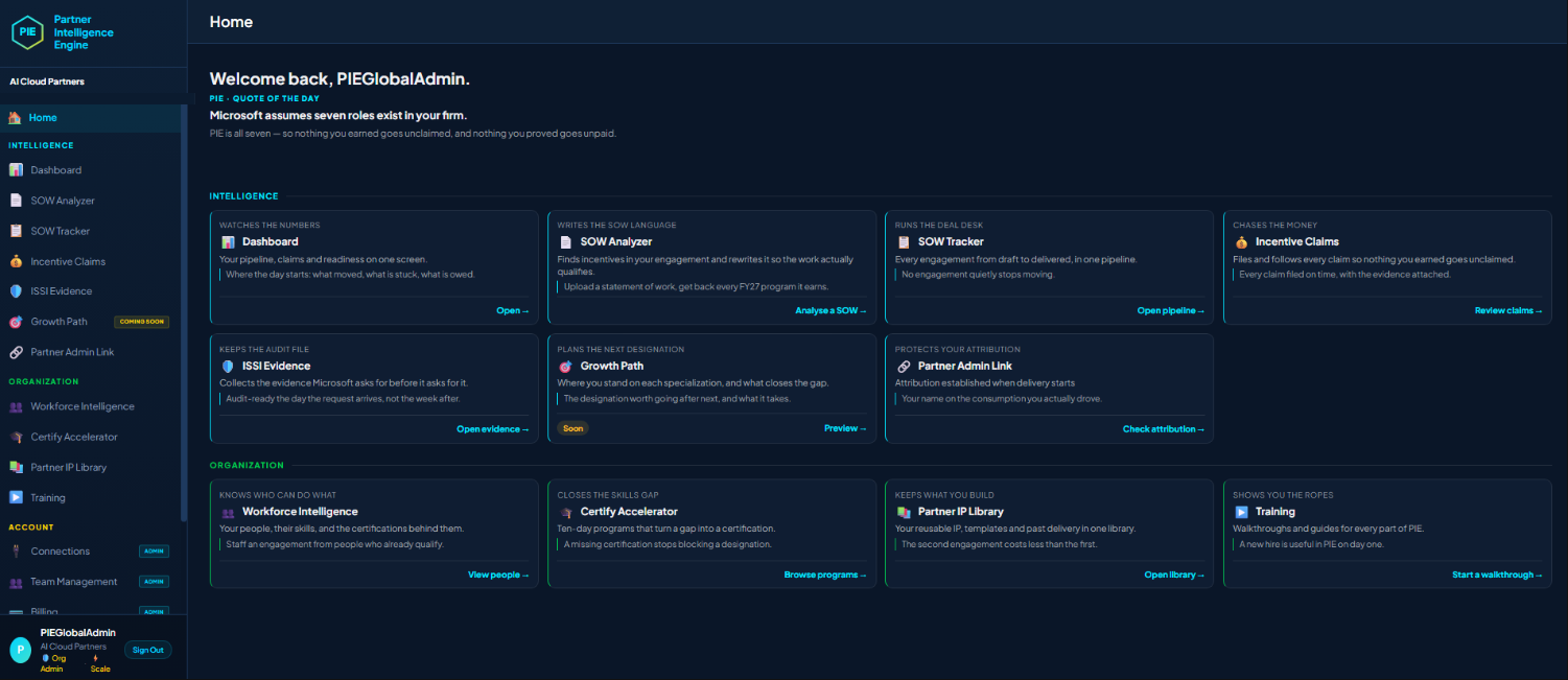 The PIE home screen: Dashboard, SOW Analyzer, SOW Tracker, Incentive Claims, ISSI Evidence, Growth Path and Partner Admin Link under Intelligence; Workforce Intelligence, Certify Accelerator, Partner IP Library and Training under Organization